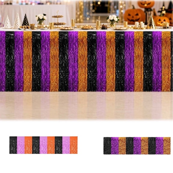 Hyknon Halloween Table Skirt, Wavy Foil Fringe Tablecloth Banner Decor, Metallic Tinsel Foil, Orange Purple Black Backdrop Curtain for Candy Buffet Trick or Treat Haunts House Halloween Party