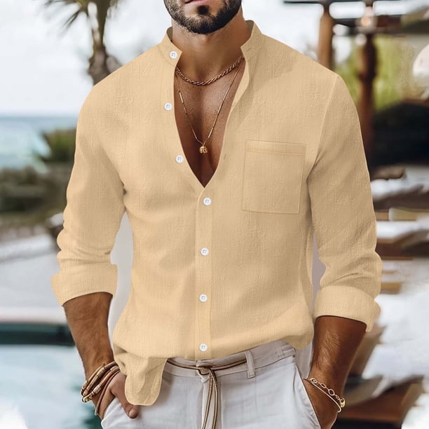 pstuiky manga larga para hombre, Camisa informal de manga larga con cuello alto y bolsillos para hombre, con botones y color liso camisetas de hombre xxxl