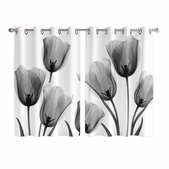 Black White Tulip Kitchen Curtains 63 Inch Length, Spring Greyscale Leaf Flower Plant Grommet Top Bedroom Living Room Curtains, Light Filtering Cafe Curtain Drapes 2 Panels Set 104''x63''