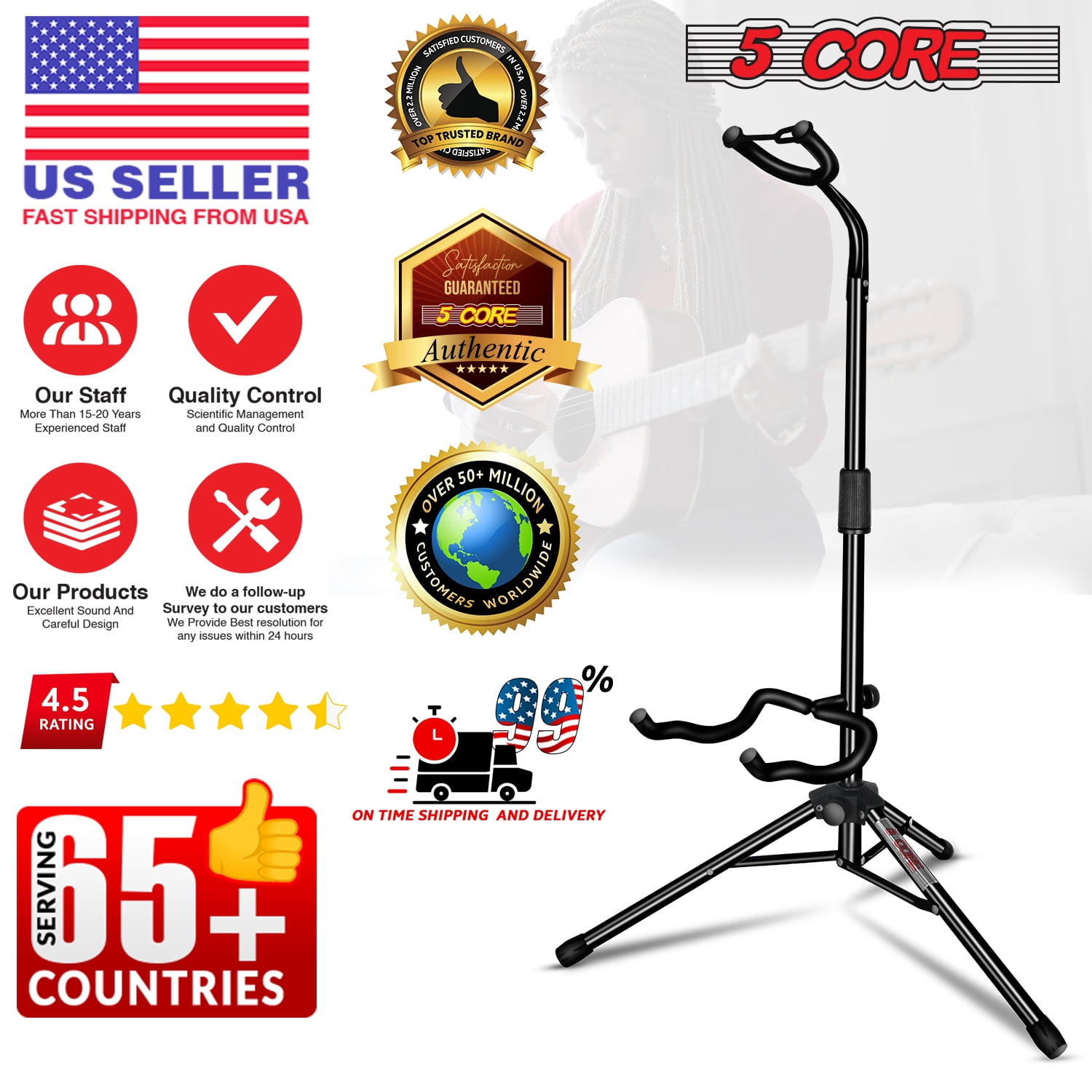 5Core Guitar Stand Floor Adjustable Heavy Duty Folding Metal Black for Acoustic Electric Bass Guitars 2 Pack