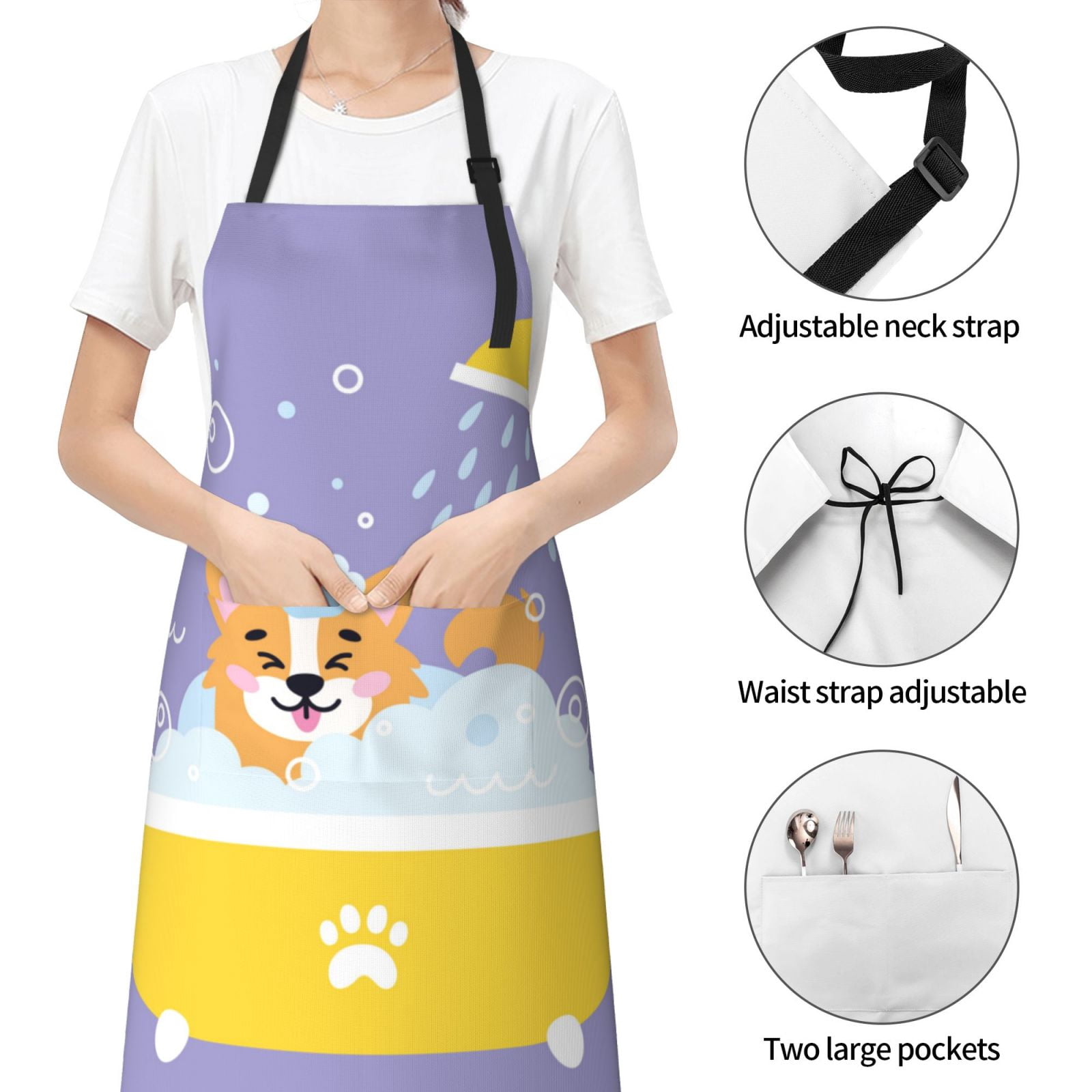 Kdxio Corgi Washing in Bathtub Apron with Pockets Adjustable Kitchen Aprons for Men Women Waterproof Aprons for Cooking,Drawing,Crafting, Baking Household Cleaning