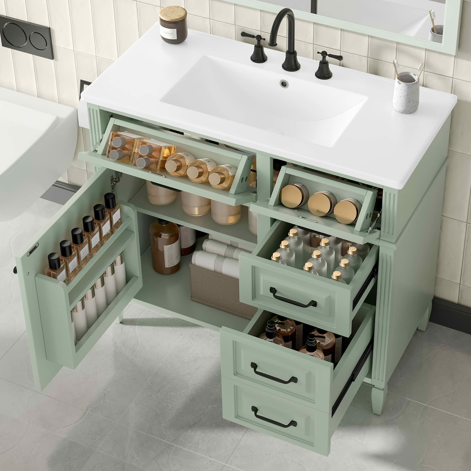 MAYEERTY 36" Bathroom Vanity with Sink Blue Gray Solid Wood Flip Drawer 3 Drawers 2 Doors Golden Metal Handles MDF