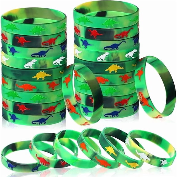 OOINQQ 24 Pack Dinosaurs Silicone Wristbands Bracelets Jurassic Party Favors Bracelet Gifts Bag Stuffer for Jungle Dinosaur Themed Birthday Party Supplies(Green)
