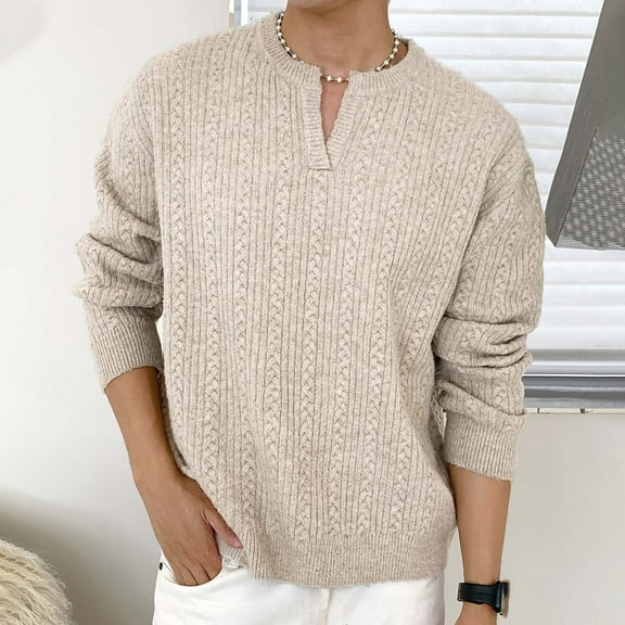 Dolkfu Beige Sweaters for Men 2025 V-Neck Cable Knit Sweaters Long Sleeve Solid Casual Pullovers Big and Tall L