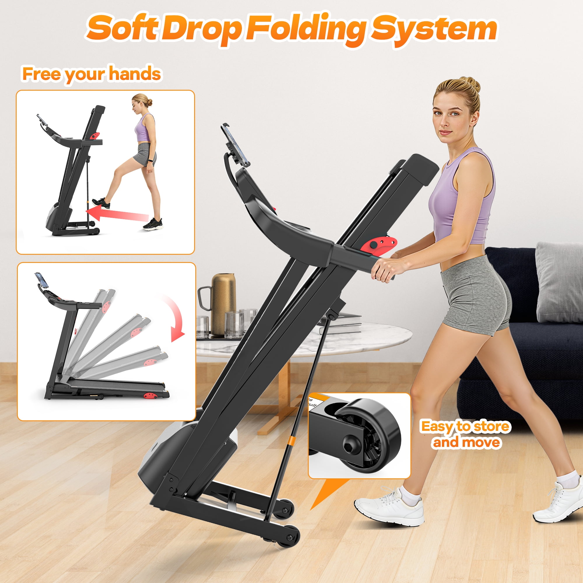 3.55HP Treadmill with 10% Incline 320lb Capacity, Foldable Home 7.5MPH Treadmill, 64+6+1 Smart Program, APP Control with Free Course, Jogging Walking Treadmill w/ Free Knee Pads