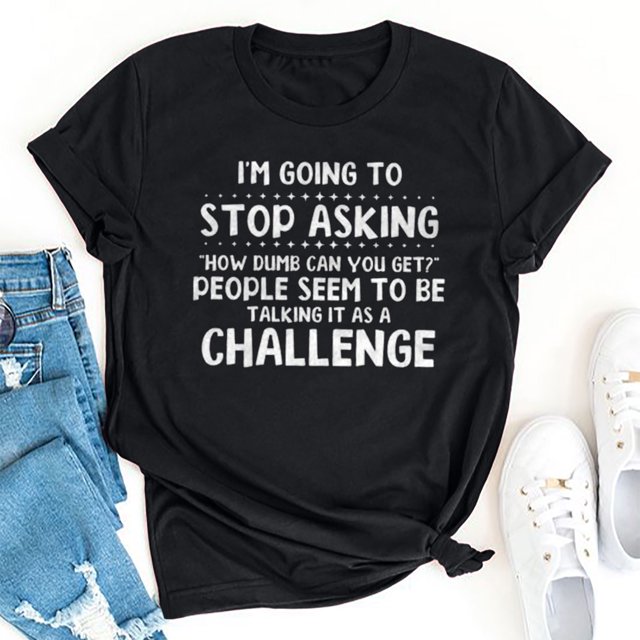 RXIRUCGD Chemises pour Femmes Mode Été Décontracté Col Rond Imprimé Lettre Manches Courtes T-Shirt Noir Tops pour Femmes