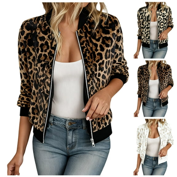zaveiop Women's Cheetah Print Zip up Jacket Long Sleeve Casual Lightweight Bomber Jackets Outerwear (White, XL)