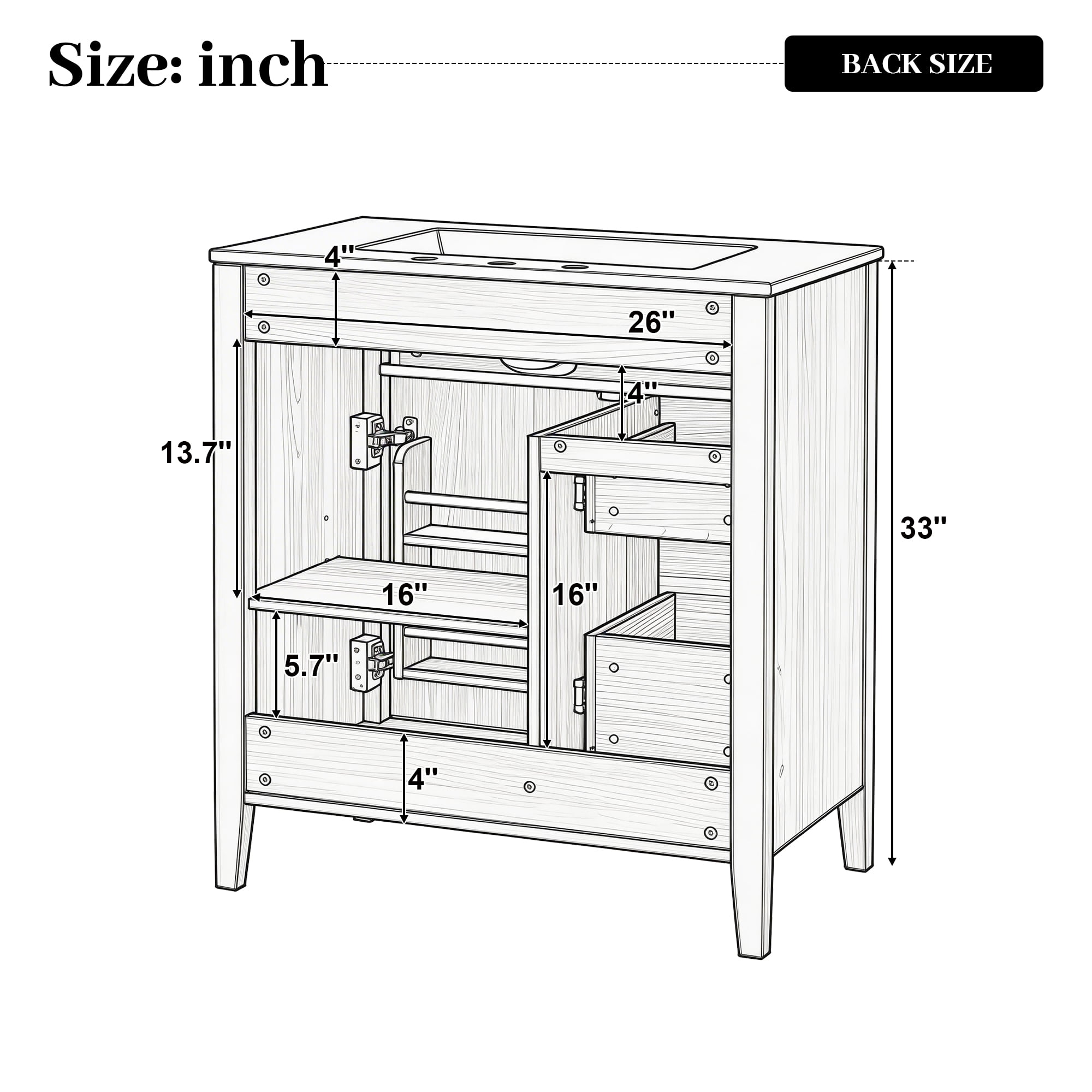 30" Natural Wood Grain Bathroom Vanity with Ceramic Sink, Solid Wood Legs, Soft-Close Mechanism, Tip-Out Drawer & Storage Shelf on Door, Adjustable Shelf