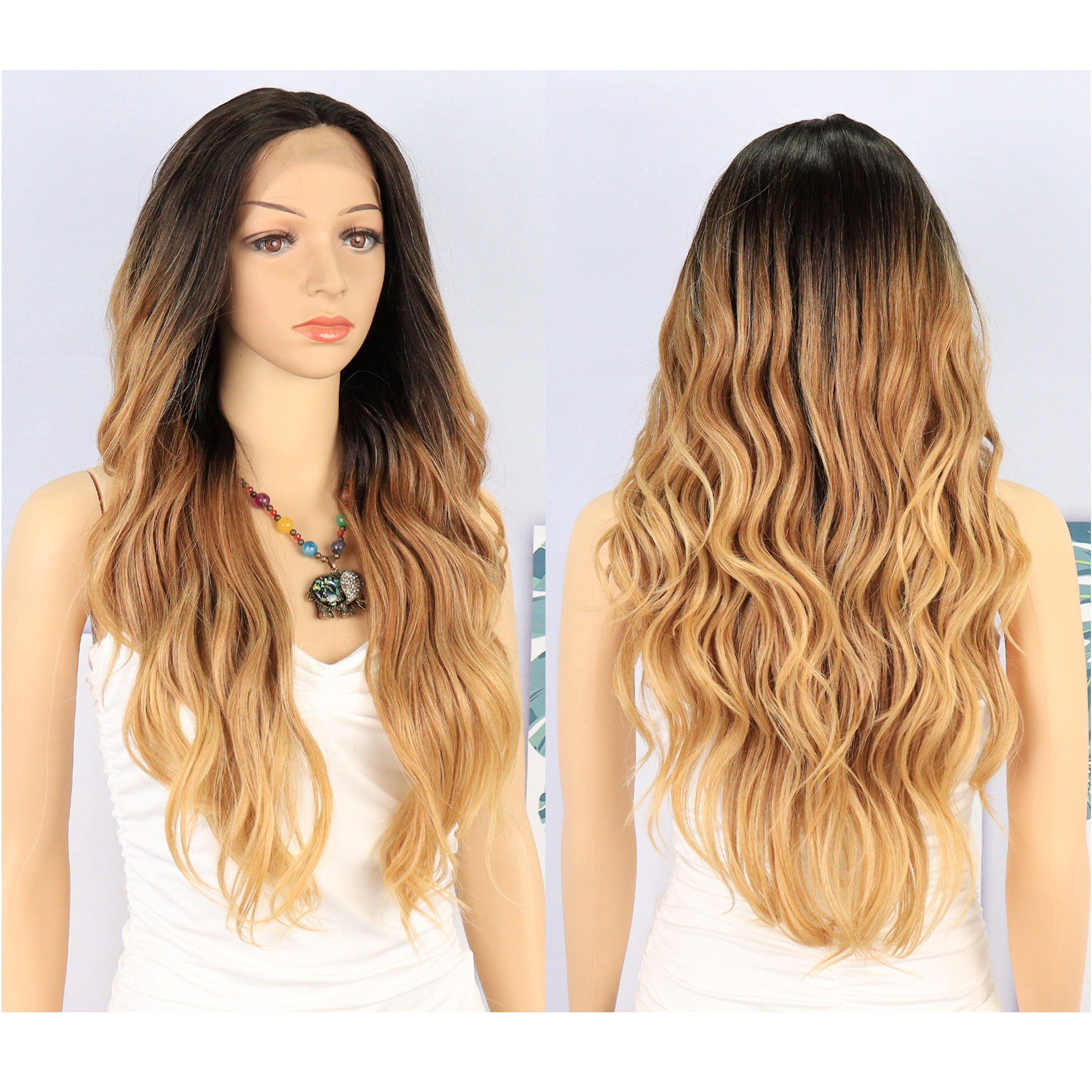 Unique Bargains Lace Front Wigs Long Body Wave for Women Lady Gradient Brown