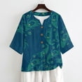 thumbnail image 4 of Xoenoiee Peacock Feathers Print Womens Tops Dressy 3/4 Length Sleeve Henley V Neck Button Down Shirts Pleated Gauze Blouses Plus Size, XL, 4 of 7