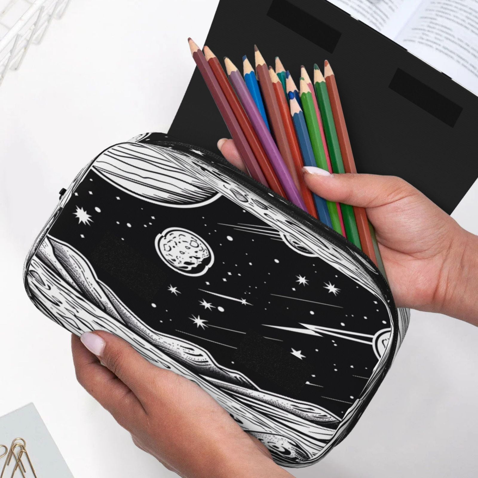 Rateoe Cosmic Landscape Celestial Art Pattern Double Clamshell Pen Case, Storage Organizer with Two Zipper Compartments– Holds Up to 50 Pencils & Pens