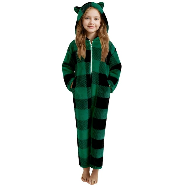 Combinaison à Manches Longues pour Filles, Combinaison à Capuche à Carreaux à Manches Longues, Tenue de Nuit Décontractée d'Hiver avec Chaleur, Rouge, Manches Longues