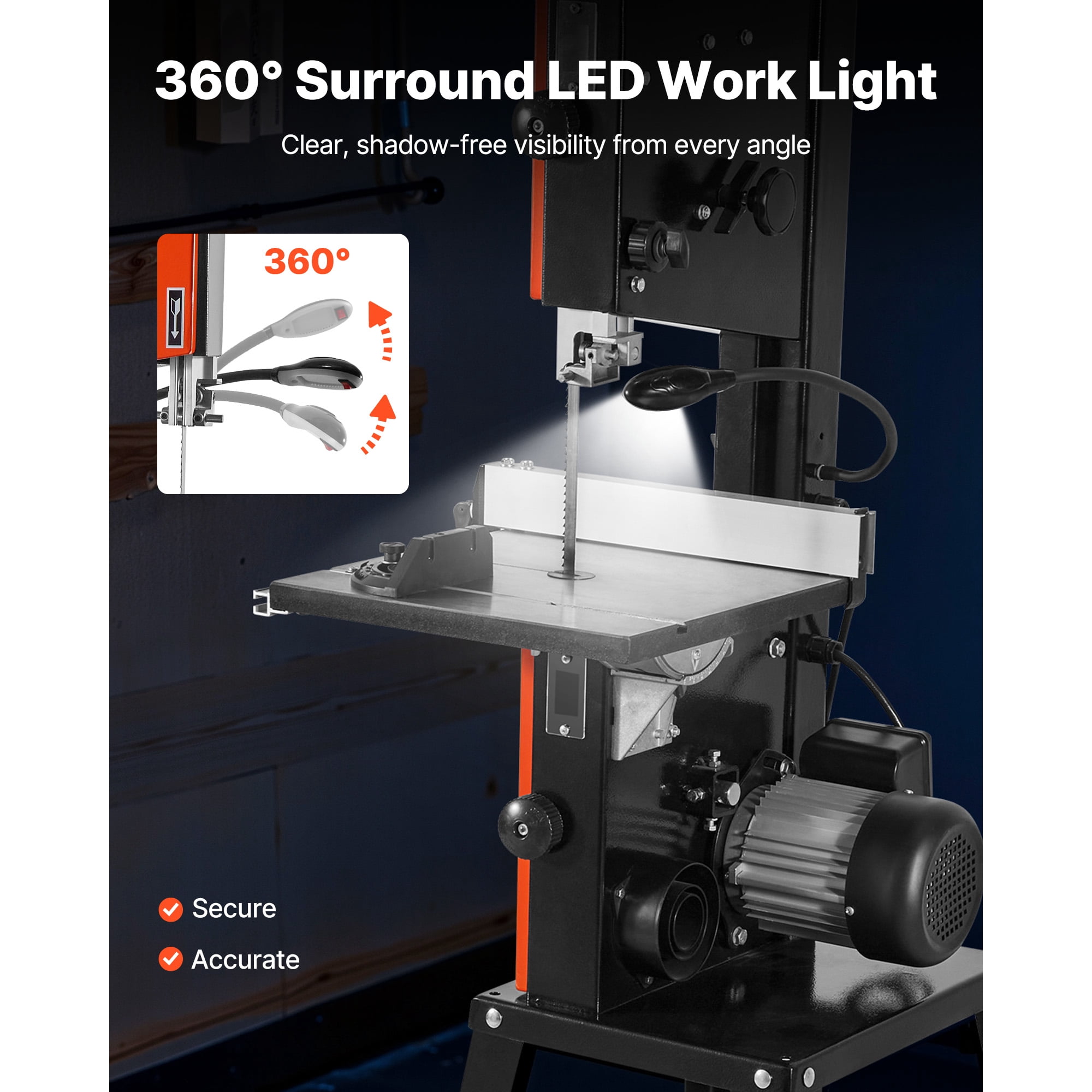 KFFKFF 10-Inch Band Saw with Stand, Two-Speed Benchtop Bandsaw, 373W 1/2 HP Motor, 6-Inch Max Cutting Height, 13.2 x 13.4-Inch Cast Iron Table, Includes 360° Work Light, Miter Gauge