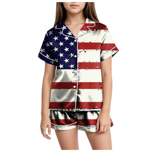 Sopiago 4th Of July Kids Girls Pajama Set Silky PJS Button-Down Sleepwear Nightwear Loungewear Clothes Set Gifts for Toddler Kids Brick Red,4-5 Years
