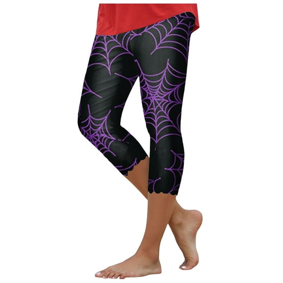 YDFCWXW Women's Cute Halloween Pumpkin Printed Tummy Control Elastic Waist Yoga Pants Workout Capri Leggings for Women Dark Purple, S