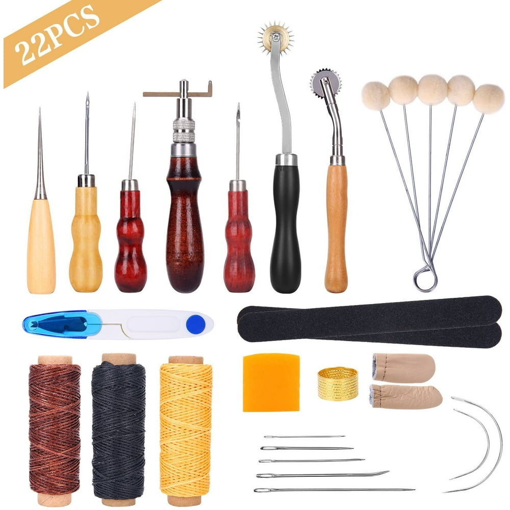 Leather Sewing Tools,22 Pcs DIY Leather Craft Kit Hand Stitching Tool Set Making Work with Awl