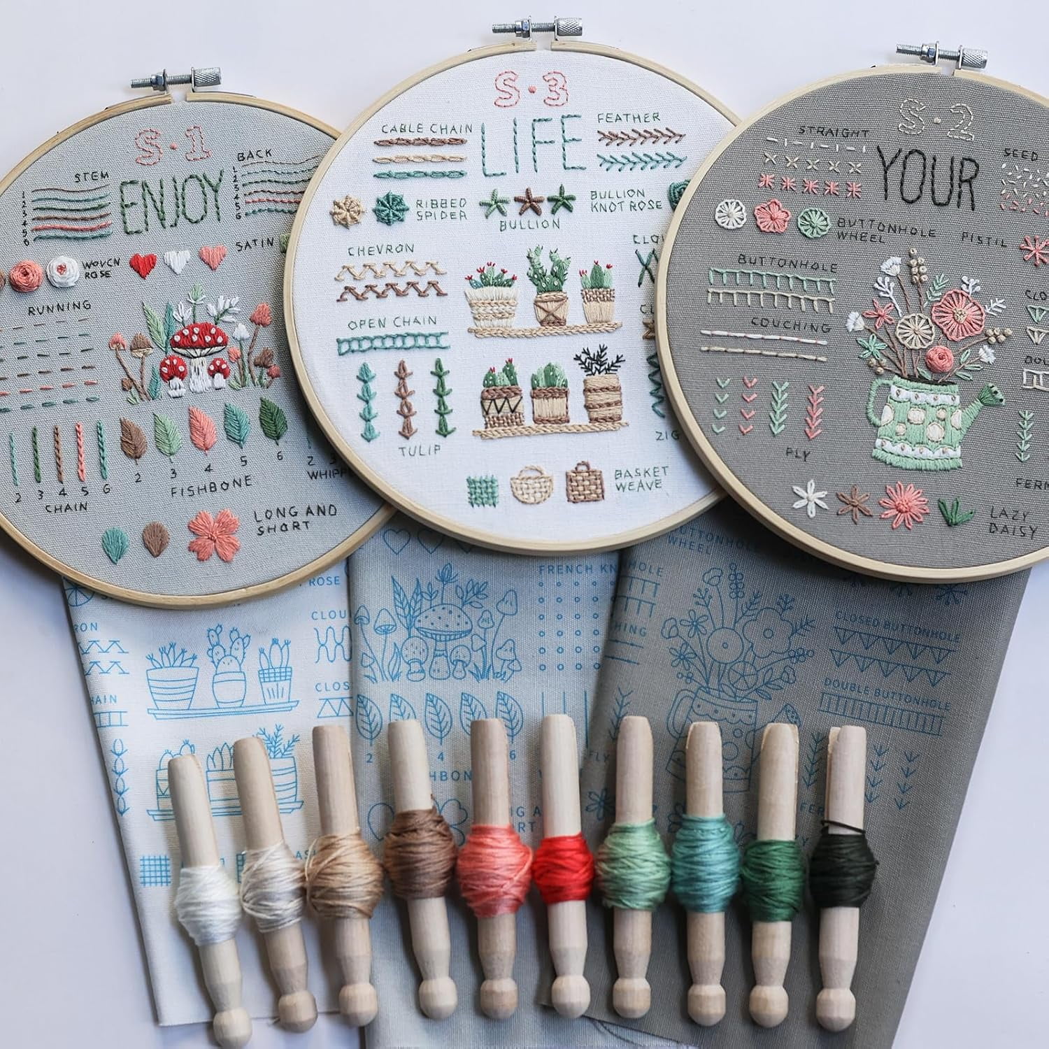 CLIQKWEN 3 Sets Embroidery Kit for Beginners ，Plant Kits for Adults Learn 33 Different Stitches，Includes Stamped Pattern, Easy to Follow Instruction & Video (Plant C)