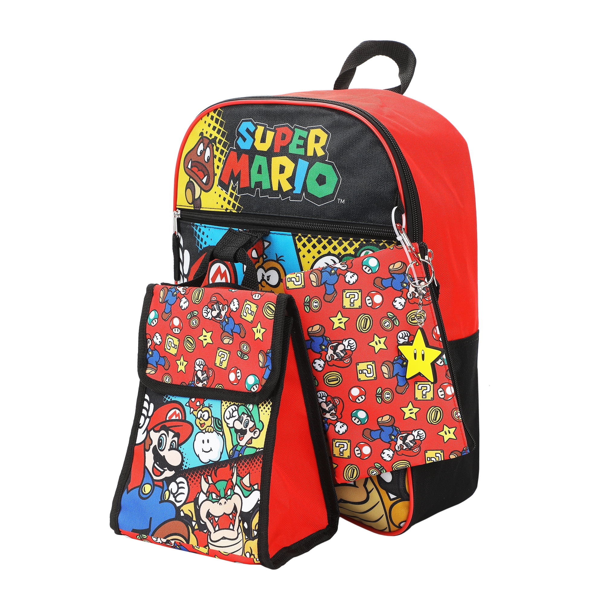Ensemble De 5 Pièces Super Mario Avec Sac À Dos 16", Sac À Lunch, Trousse, Porte-Clés Et Mousqueton