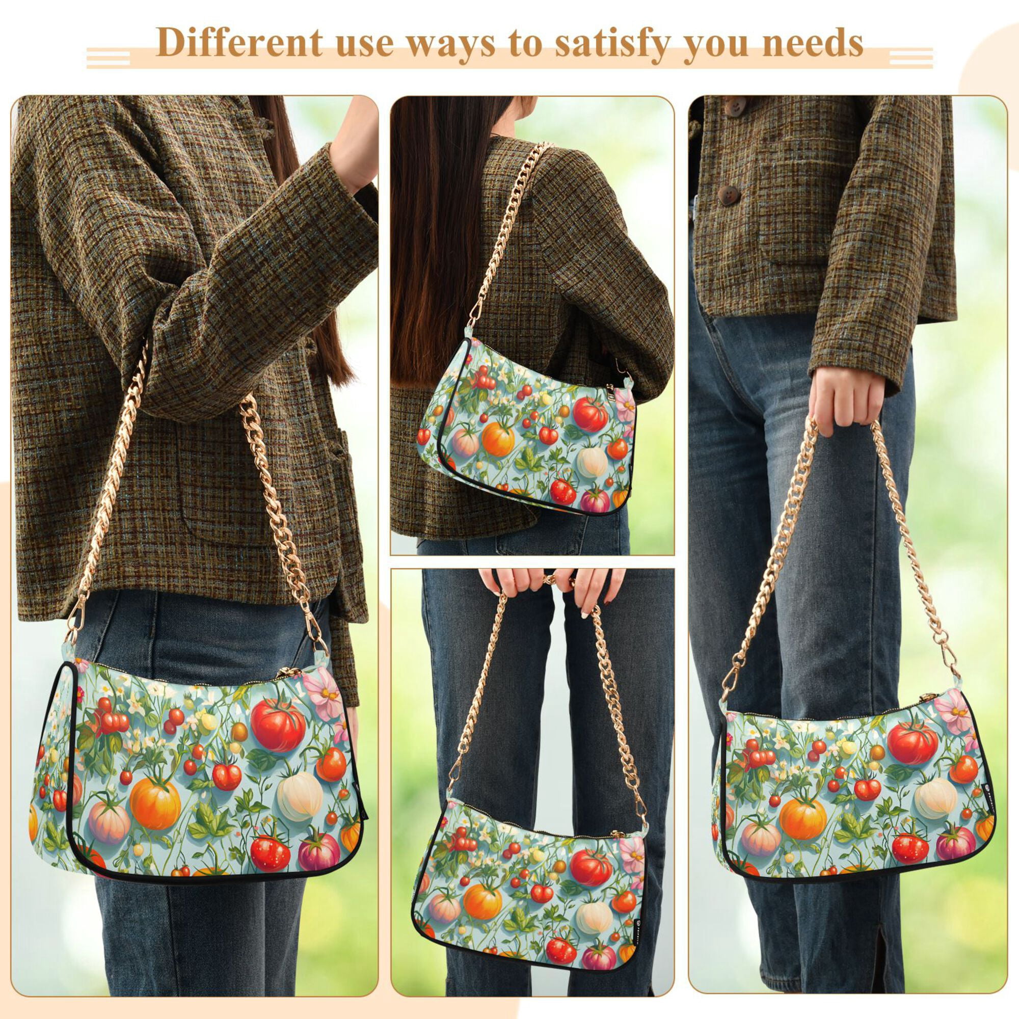 FORMRS Womens Shoulder Bag with Chain Strap Clutch Purse Cute Tote Handbag, Green Floral Tomatoes