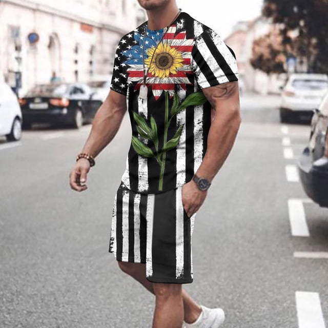 cllios Mens Independence Day Short Sets 4th of July Short Sleeve Tshirts and Drawstring Short Matching Suits Stars and Stripes Graphic Muscle Tracksuits Sets with Pockets