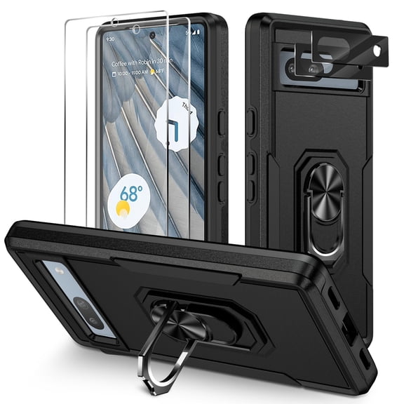 Orzero [5 in 1 for Google Pixel 7a Phone Case, Ring Shockproof Protective Phone Case with Screen Protector and Camera Lens Protector for Google Pixel 7a, Drop Protection Cover, Black