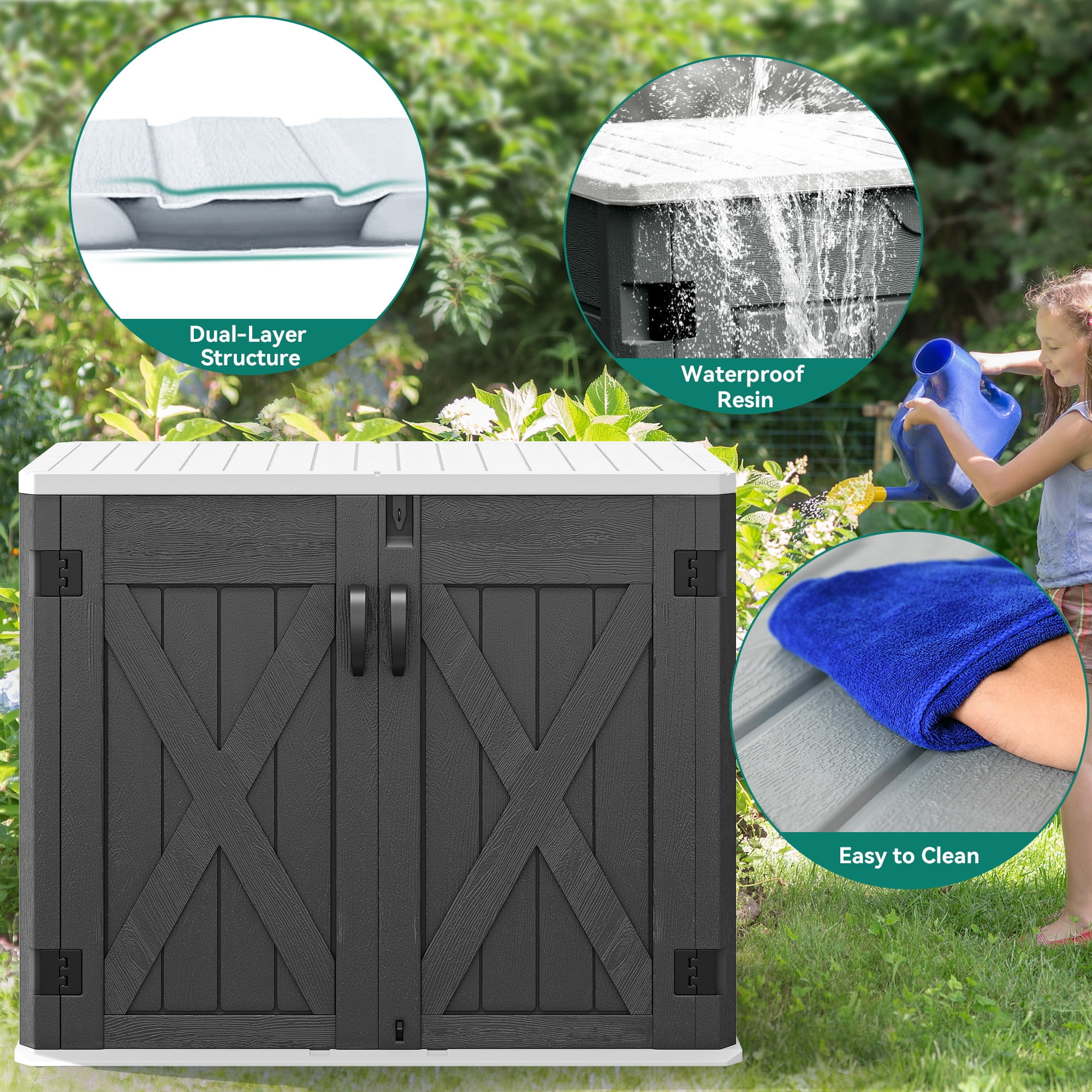 Outdoor Horizontal Storage Shed with X-Shaped Lockable Door, 35 Cu Ft Weather Resistant Resin Tool Shed