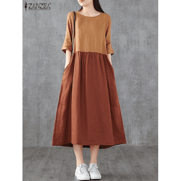ZANZEA Robes en Coton et Lin pour Femmes Vintage à Carreaux Manches Mi-Longues Midi Vestidos Décontracté Col Rond Longue Robe d'Été 2023 Vacances avec Poches