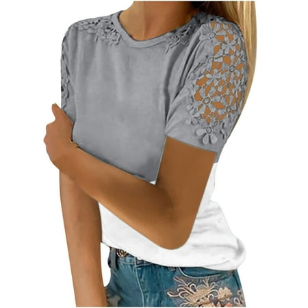 

Sentuca Lace Hollow out Slim Going Out Tops for Women Short Sleeve Round Neck Casual Print Corset Tops Gray XXL