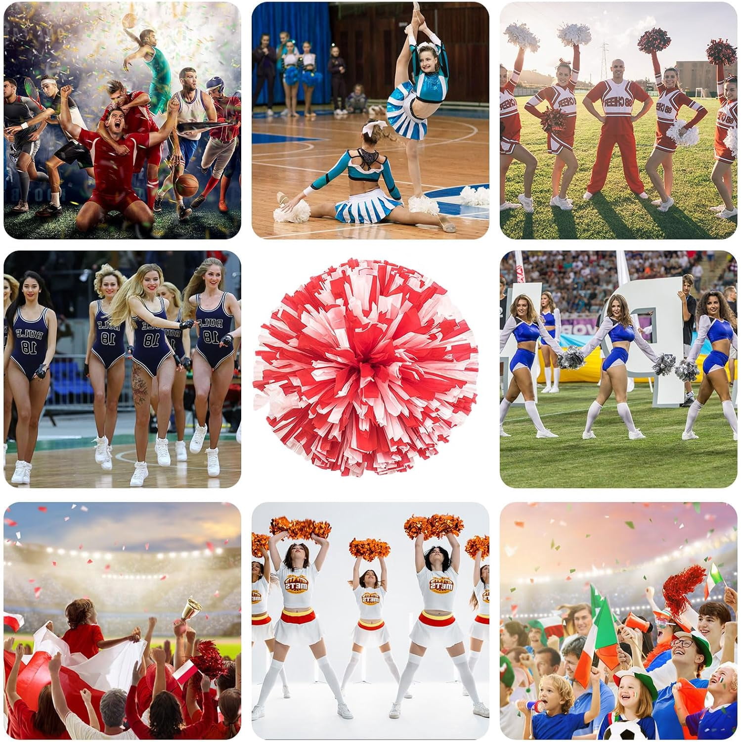 Cheerleader Pom Poms 12 Pack Sports Dance Cheering Plastic Metallic Cheerleading Pom Poms for Kids Adults-Ring Style