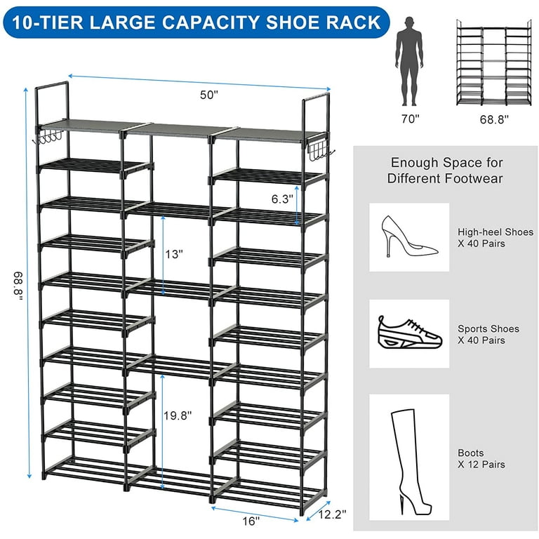 10 Tier 50 Pairs Large Shoe Rack Shoe Organizer,Tall Stackable Shoe Shelves  Shoe Stand,Vertical Black Metal Boots & Sneaker Storage Big Shoe Tower