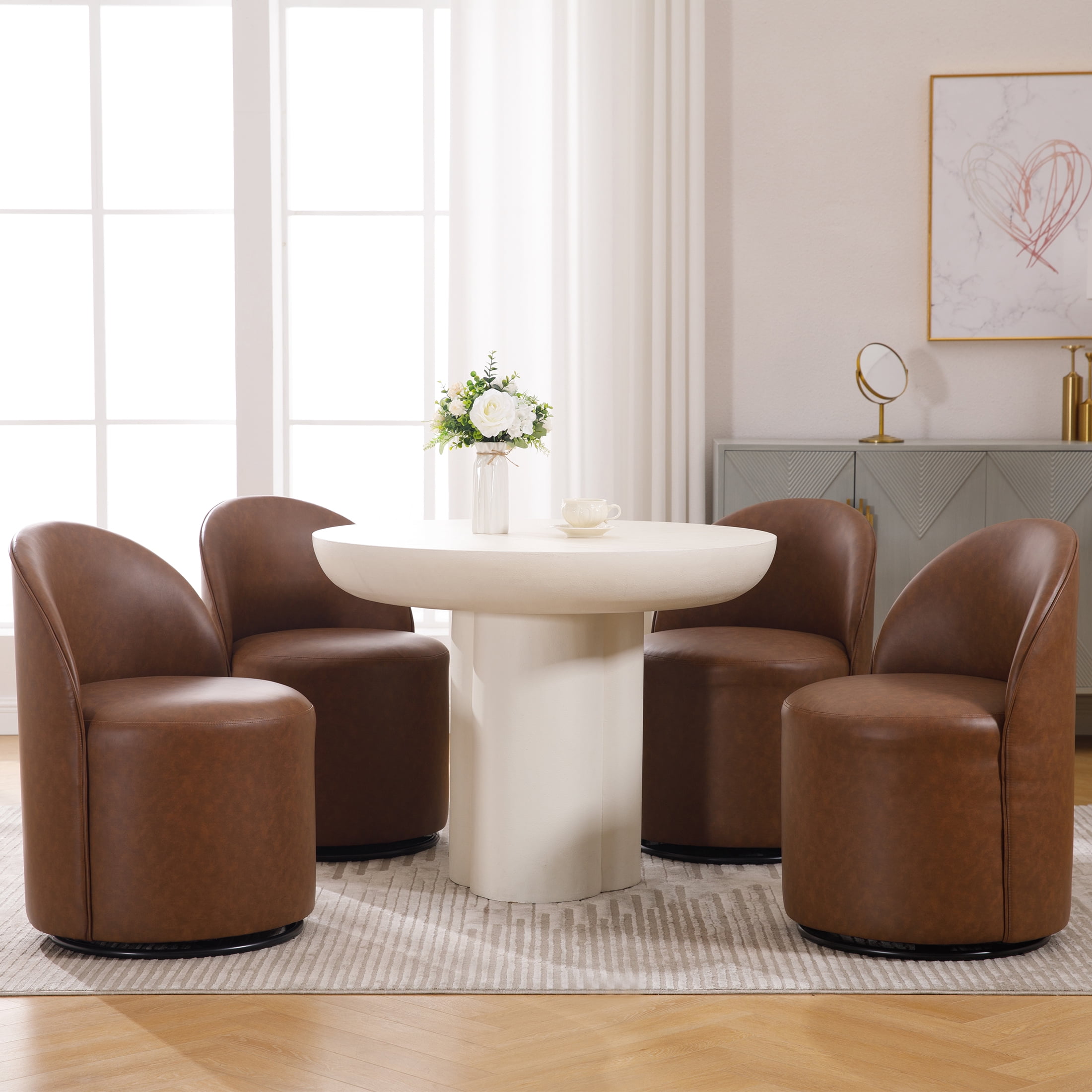 Guyou 360° Swivel Barrel Dining Chair Set of 1, Mid-Century Modern Upholstered Barrel Accent Chair, PU Round Vanity Chair for Dining Room Living Room Bedroom, Brown