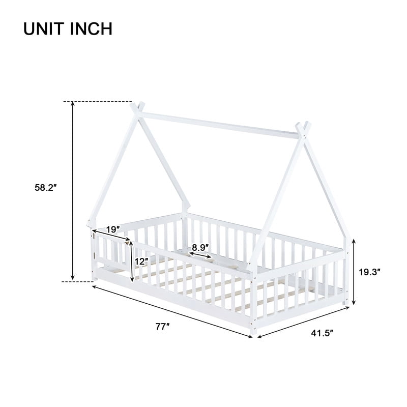Mirightone Twin House Bed Frame with Rails and Door,Wood Montessori Bed with Slats Support,Teepee Tent Floor Beds Frame - White