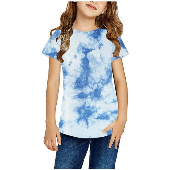 Zwiiyzr 2024 Tie Dye T-Shirt for Kids Rainbow Colorful Tie Dye Round Neck Short Sleeve Shirts for Boys Girls Blue-7-8 Years