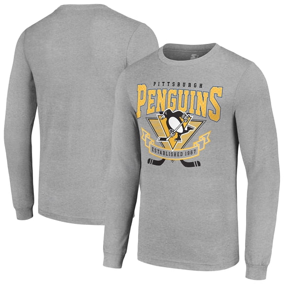 Men's Starter Heather Gray Pittsburgh Penguins '80s Inspired Team Logo Long Sleeve T-Shirt