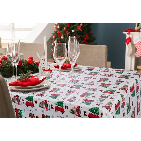 Serafina Home Holiday Christmas Vinyl Tablecloth with Flannel Backing: Tablecloth Reusable (Car Tree, 52" x 70" Rectangular)