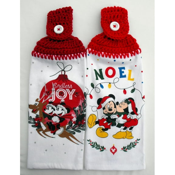 ENDLESS JOY CHRISTMAS TREE BULB & NOEL MICK & MINN - 2 HANGING CROCHET TOP KITCHEN TOWELS
