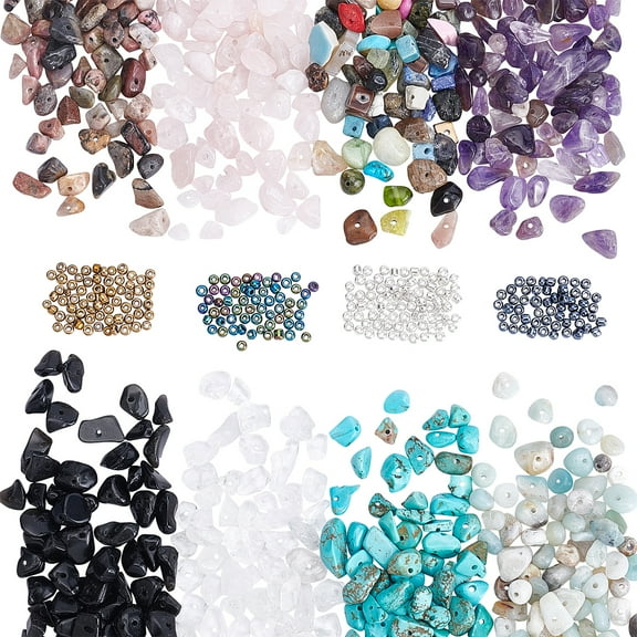 1box About 640-960pcs Natural Gemstone Chip Beads 8 styles Irregular Gemstones with 240pcs 8 colors Glass Seed Beads 3mm Small Round Beads for Jewelry Crafts Making