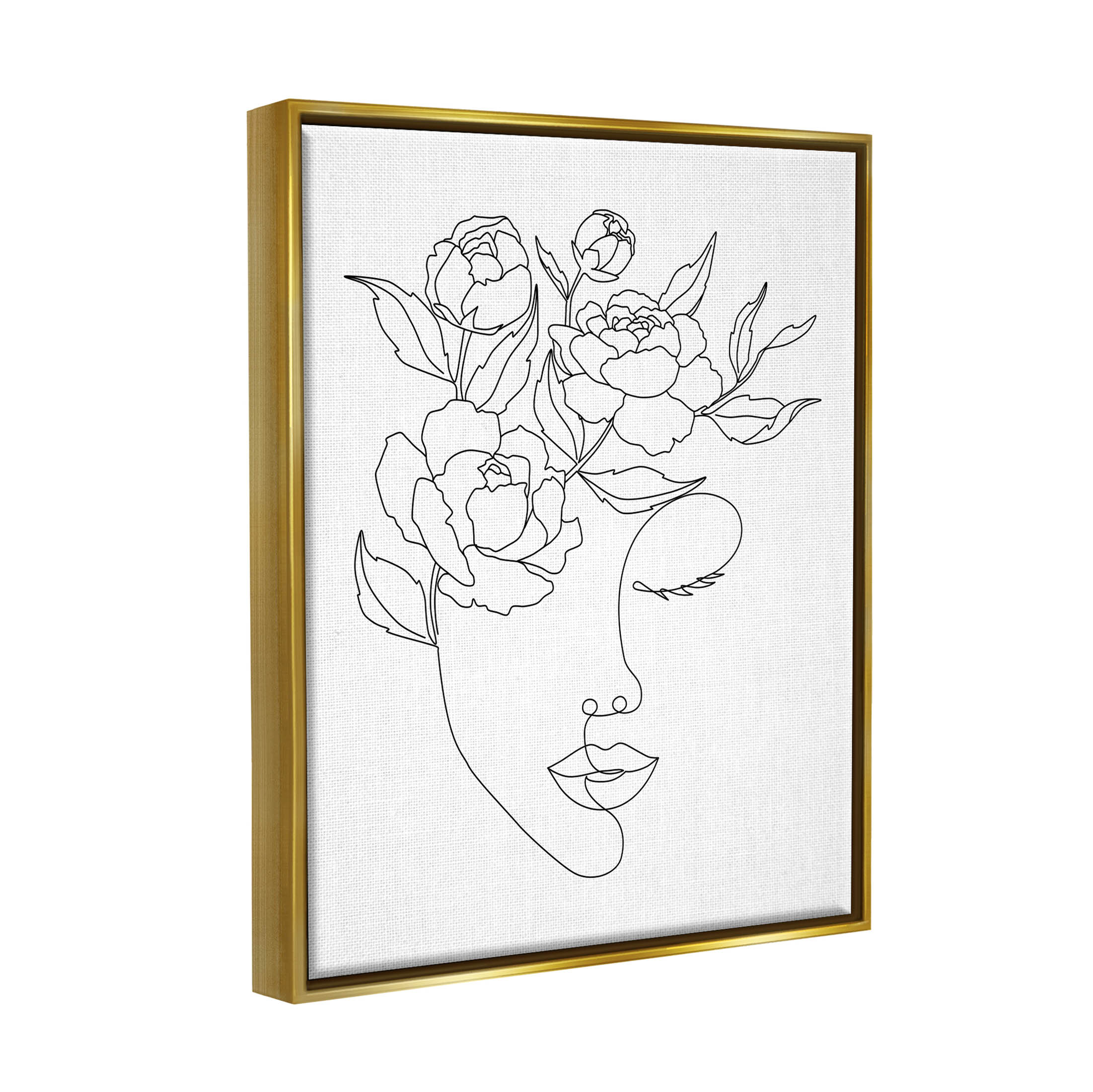 Stupell Industries Floral Woman Face Line Doodle Graphic Art Metallic Gold Floating Framed Canvas Print Wall Art, Design by JJ Design House LLC
