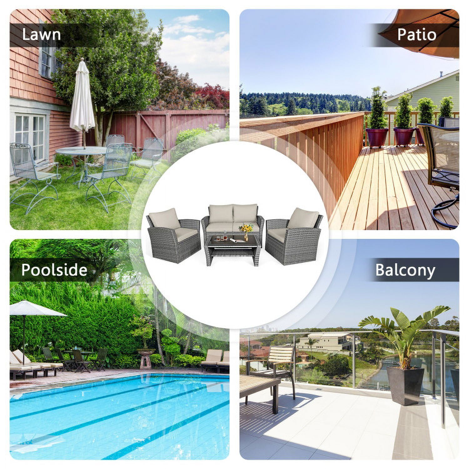 Aimee Lii 4 Pieces Wicker Patio Furniture Set Sofa Table with Storage Shelf Cushion, Modern Patio Furniture, Khaki Aimee Lii 4 Pieces Wicker Patio Furniture Set Sofa Table with Storage Shelf Cushion, Modern Patio Furniture, Khaki