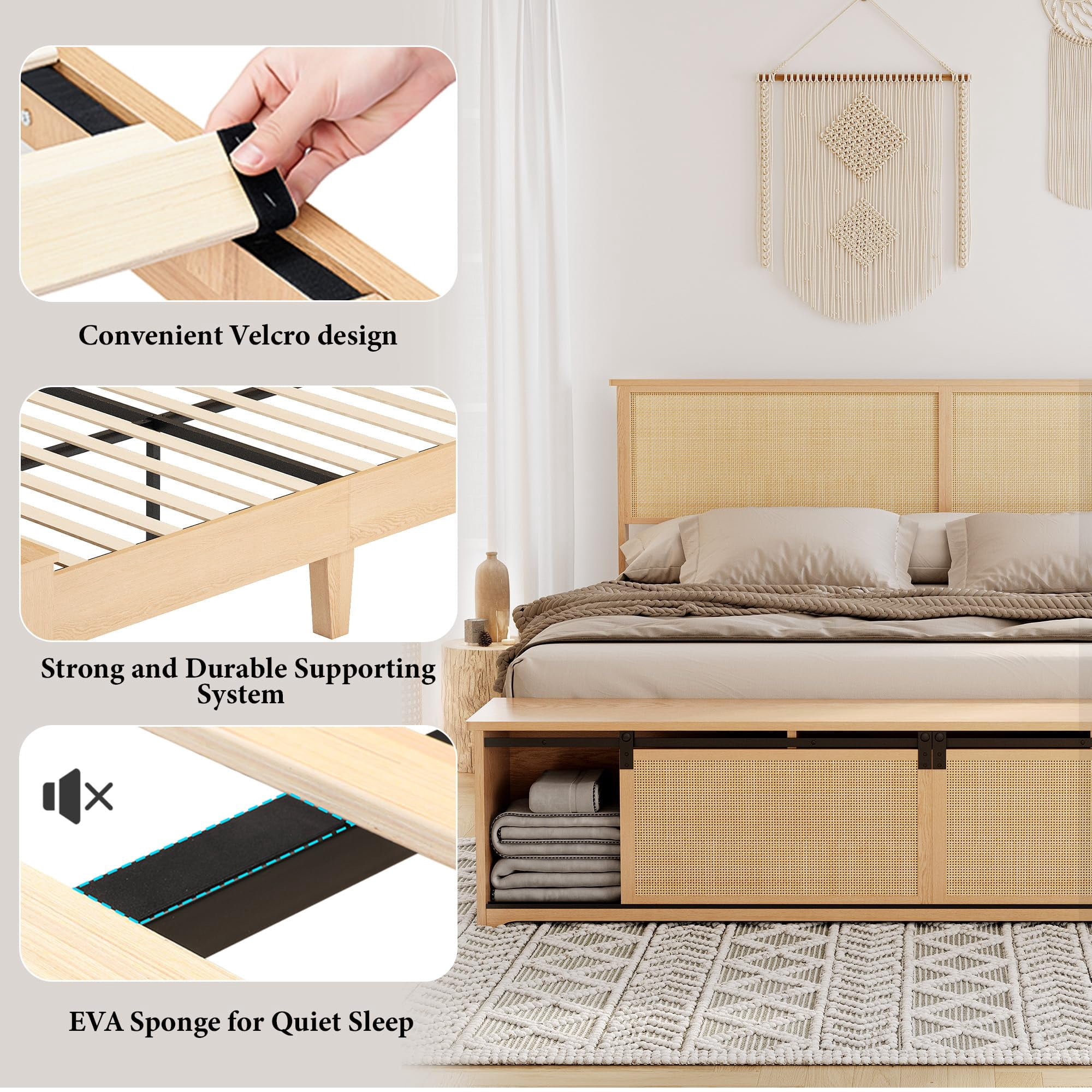 Danolapsi Rattan King Size Bed Frame with Sliding Barn Door Storage Cabinets and Headboard, Boho Farmhouse Wood Platform Bed with Solid Wood Legs Support, No Box Spring Needed（ship in 2 boxes）
