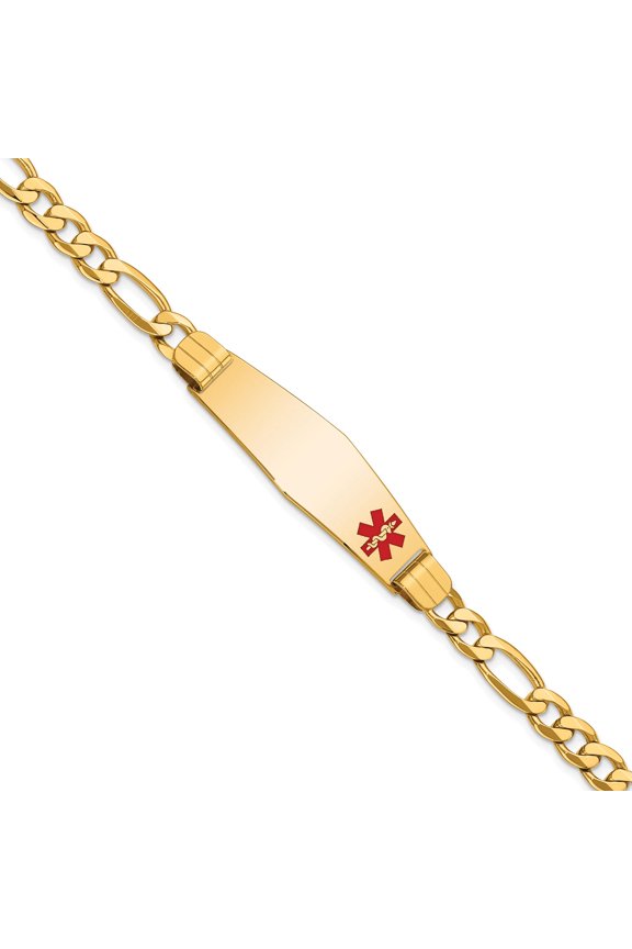 14K Yellow Gold Medical Soft Diamond Shape Red Enamel Flat Figaro Link Id Bracelet (7 X 13.5) Made In United States xm580fc-7