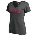 thumbnail image 2 of Women's Heathered Gray Chicago Cubs Pink Wordmark V-Neck T-Shirt, 2 of 3