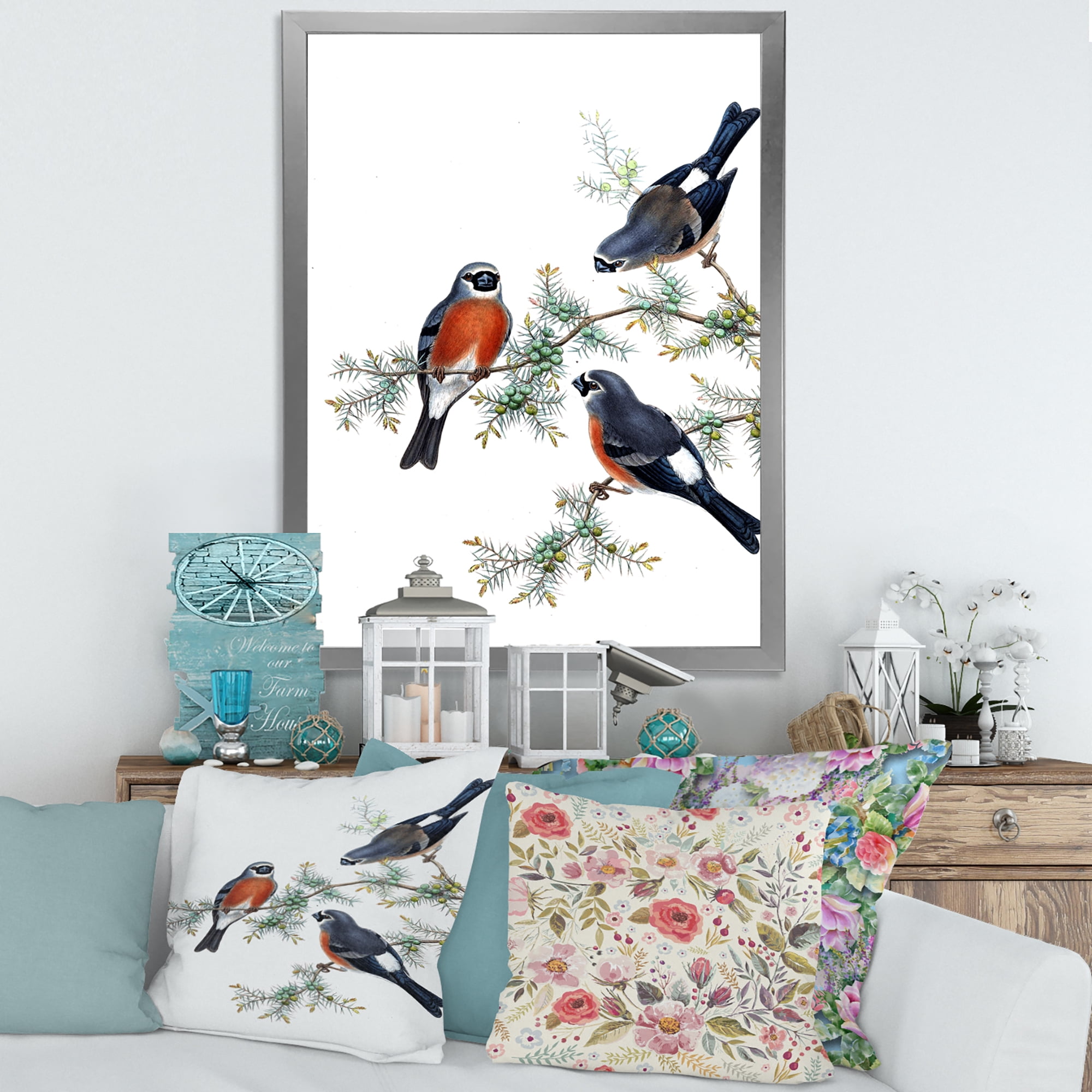 Designart 'Vintage Countryside Birds On Branch III' Farmhouse Framed Art Print