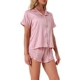 thumbnail image 4 of Conjuntos de pijama de satén para mujer INSPIRE CHIC, conjuntos de lounge de seda, camisa de botón de manga corta, pantalones cortos con volantes, ropa de dormir de 2 piezas XL rosa, 4 of 6