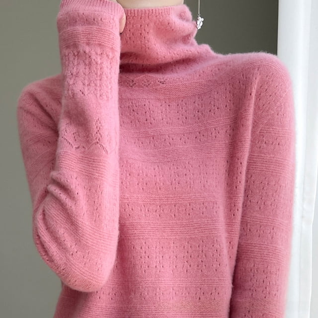 Suéter de lana con cuello alto para mujer, suéter de cachemira de punto con cuello alto y agujeros para otoño e invierno, suéter suelto para mujer