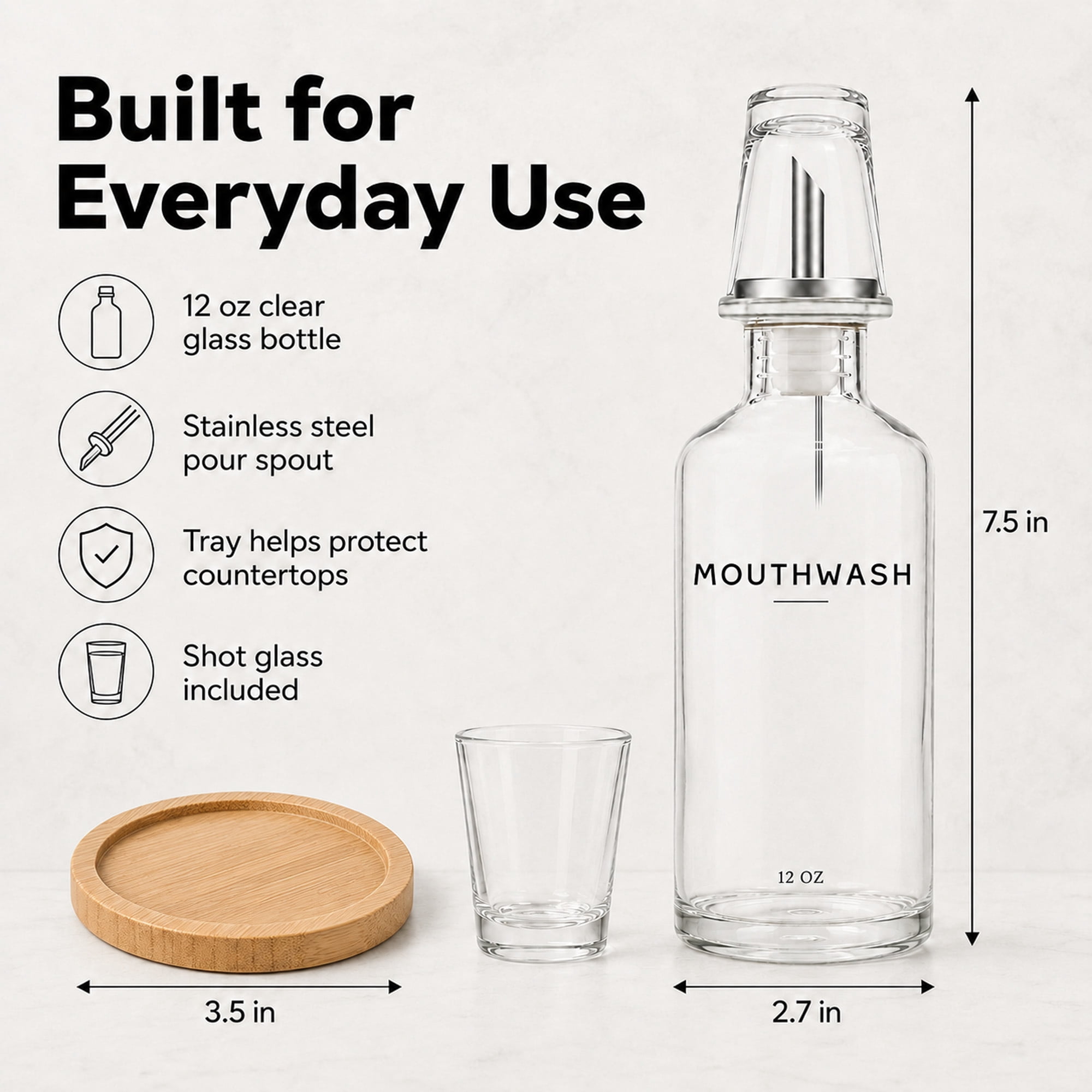Clear Glass Mouthwash Dispenser Set with Cup and Bamboo Tray, 12 oz Bathroom Countertop Accessory
