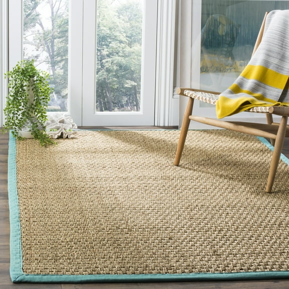 SAFAVIEH Natural Fiber Arbor Bordered Area Rug, Natural/Teal, 9' x 12'