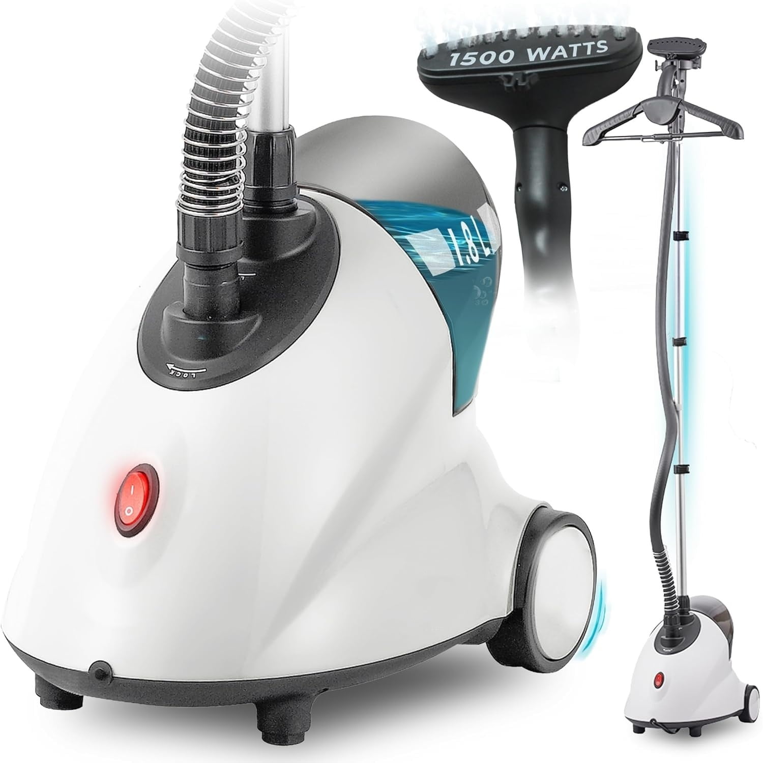 Full-Size Clothes Steamer - 1500W Power, 1.8L Water Tank, 60-Min Garment Steam, Iron Clothing, Adjustable Pole & Wheels for Easy Storage, Professional Standing Steamer for Clothes, White