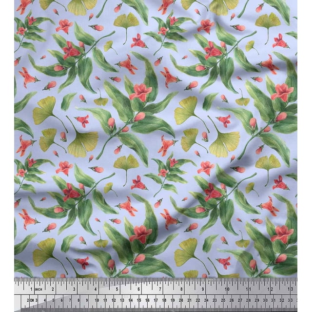 Soimoi Blue Poly Georgette Fabric Leaves & Azalia Floral Print Fabric by Yard 52 Inch Wide