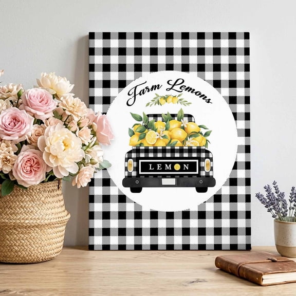 Canvas Wall Art Farm Lemons Canvas Art Print Black and White Buffalo Plaid Lemon Truck Summer Pictures Wall Decor for Living Room Bedroom Artwork Decorations Stretched Framed Ready to Hang 16"x20"